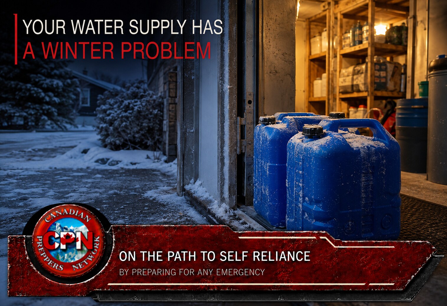 Blue emergency water containers at the threshold between a freezing Canadian winter and a heated storage room
