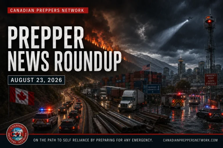 Prepper News Roundup August 23, 2026 covering wildfires, civil defence, earthquakes, floods and storms