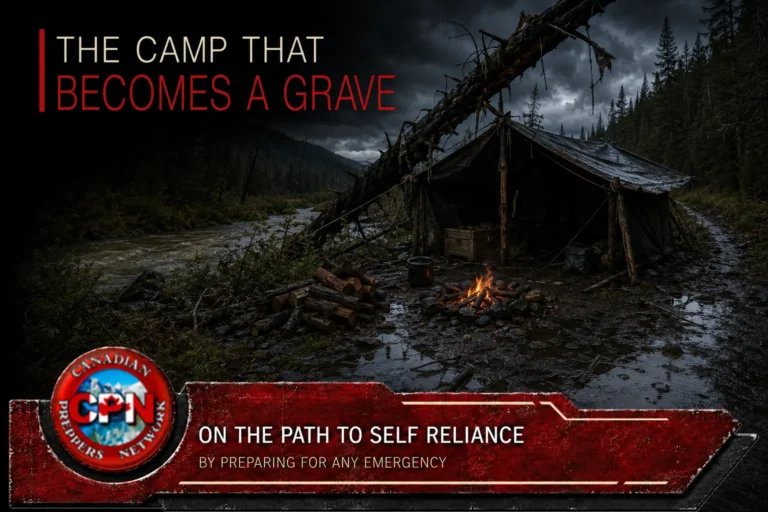 A flooded post-collapse wilderness camp beneath a dead leaning tree beside a rising creek.