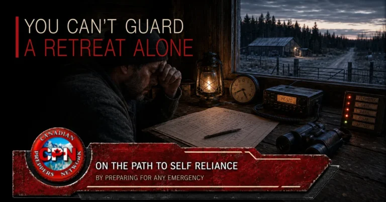 Exhausted watchkeeper monitoring a remote Canadian retreat before dawn.