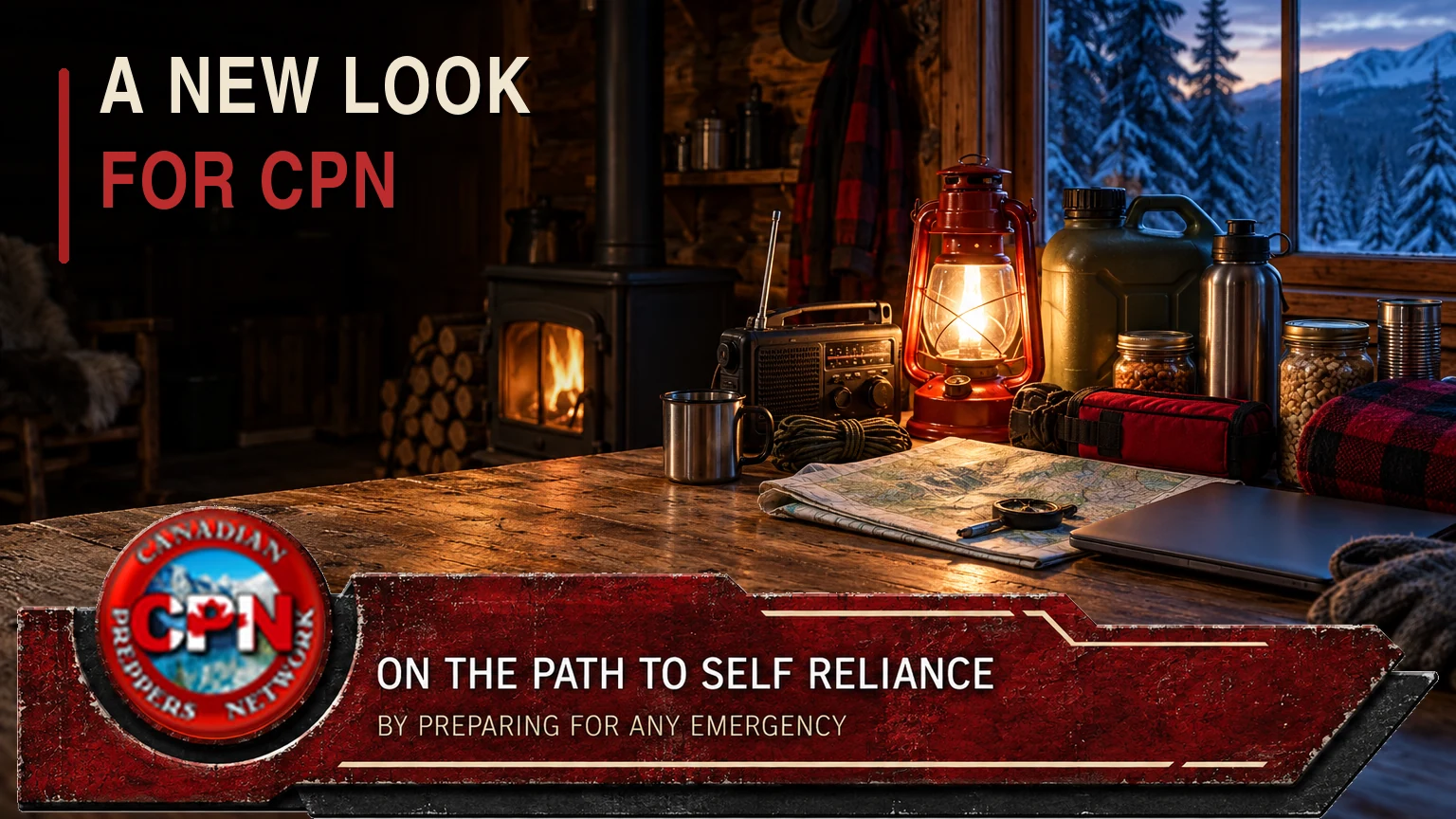 A new look for Canadian Preppers Network — preparedness gear in a winter cabin