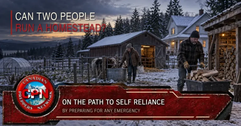 Two people managing winter chores on a Canadian homestead