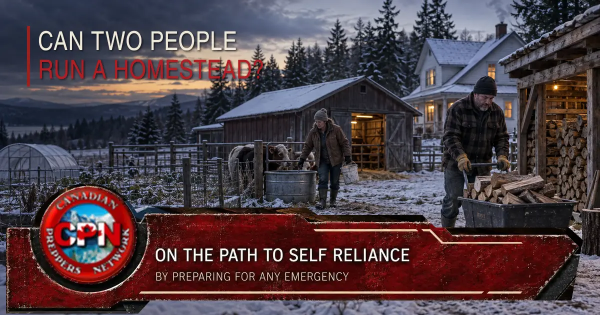Two people managing winter chores on a Canadian homestead