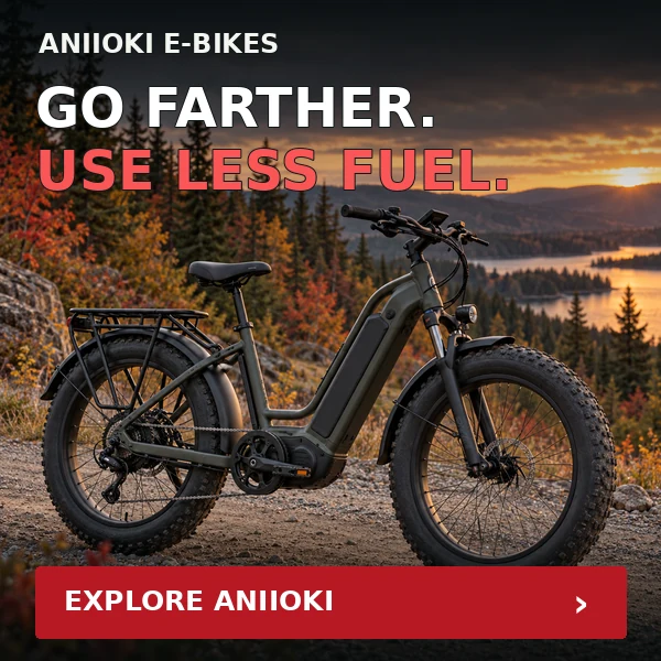 Aniioki e-bikes advert: Go farther. Use less fuel. Explore Aniioki.