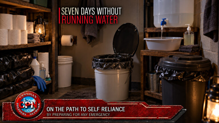 Emergency sanitation setup with bucket toilet, handwashing water and waste-containment supplies.