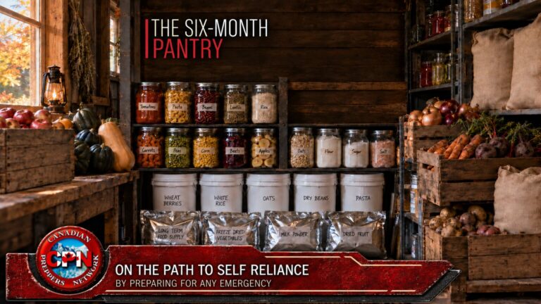 Organized six-month preparedness pantry with canned food, bulk staples and autumn produce.