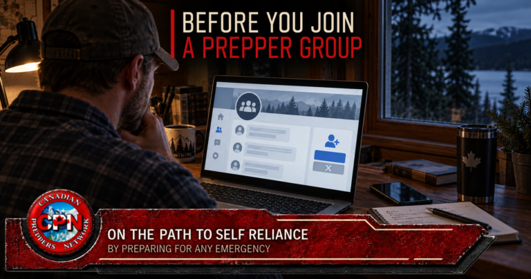A prepper reviews an online group invitation on a laptop, with the title Before You Join a Prepper Group and Canadian Preppers Network branding.