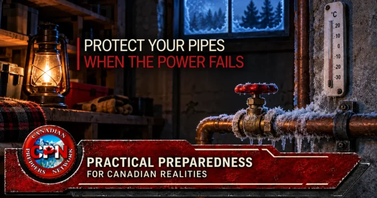 Frost-covered water pipe and shutoff valve in a dark basement during a winter power outage.