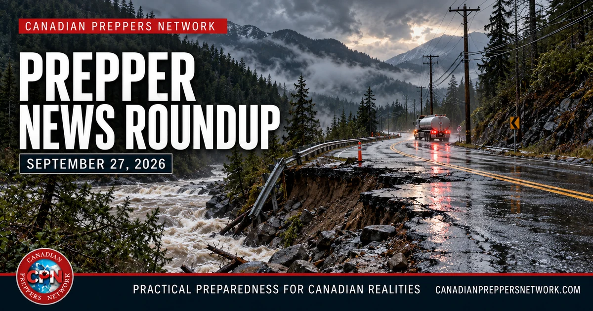 Prepper News Roundup for September 27, 2026, over a rain-damaged road in a Canadian mountain landscape.