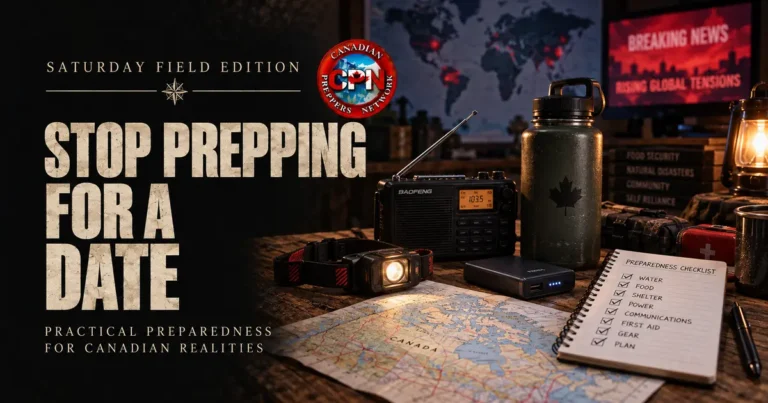Saturday Field Edition on Canadian Prepper war warnings, with a map, radio, headlamp and preparedness checklist