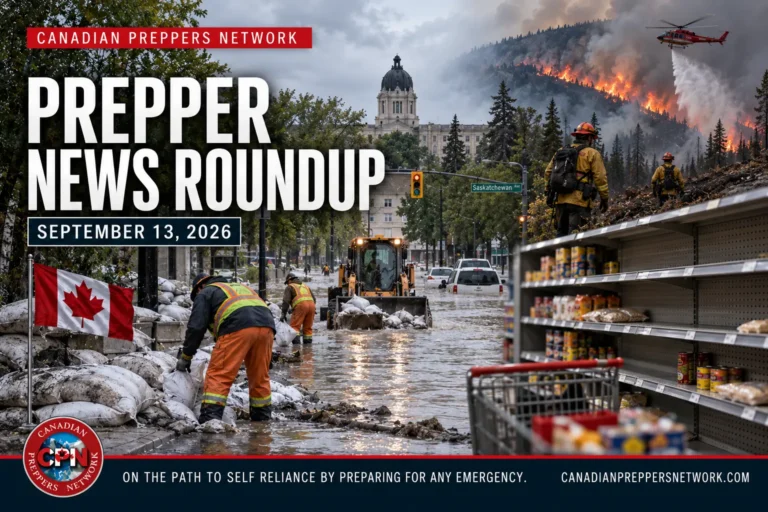 Prepper News Roundup for September 13, 2026 featuring Saskatchewan flooding, B.C. wildfire response and Canadian grocery supply concerns