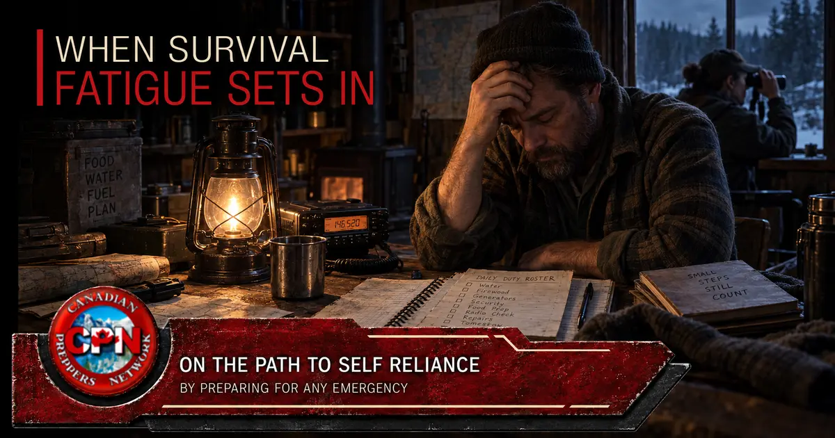 Exhausted man reviewing a duty roster in a grid-down cabin while another person maintains watch outside.