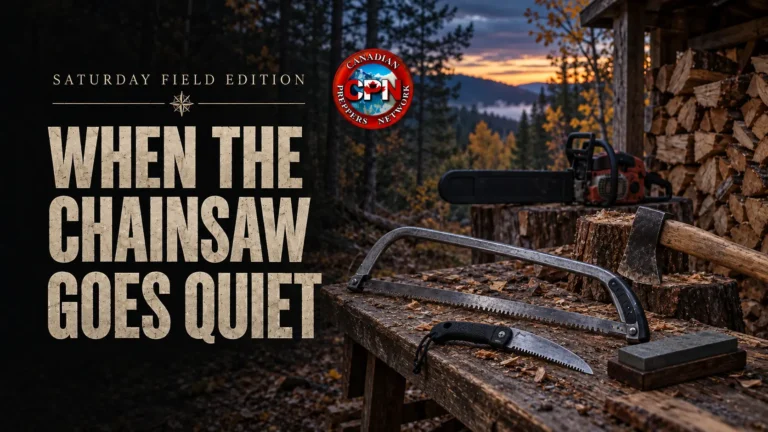 Bow saw, folding saw, axe and sharpening stone beside stacked firewood, with a parked chainsaw and the title When the Chainsaw Goes Quiet.