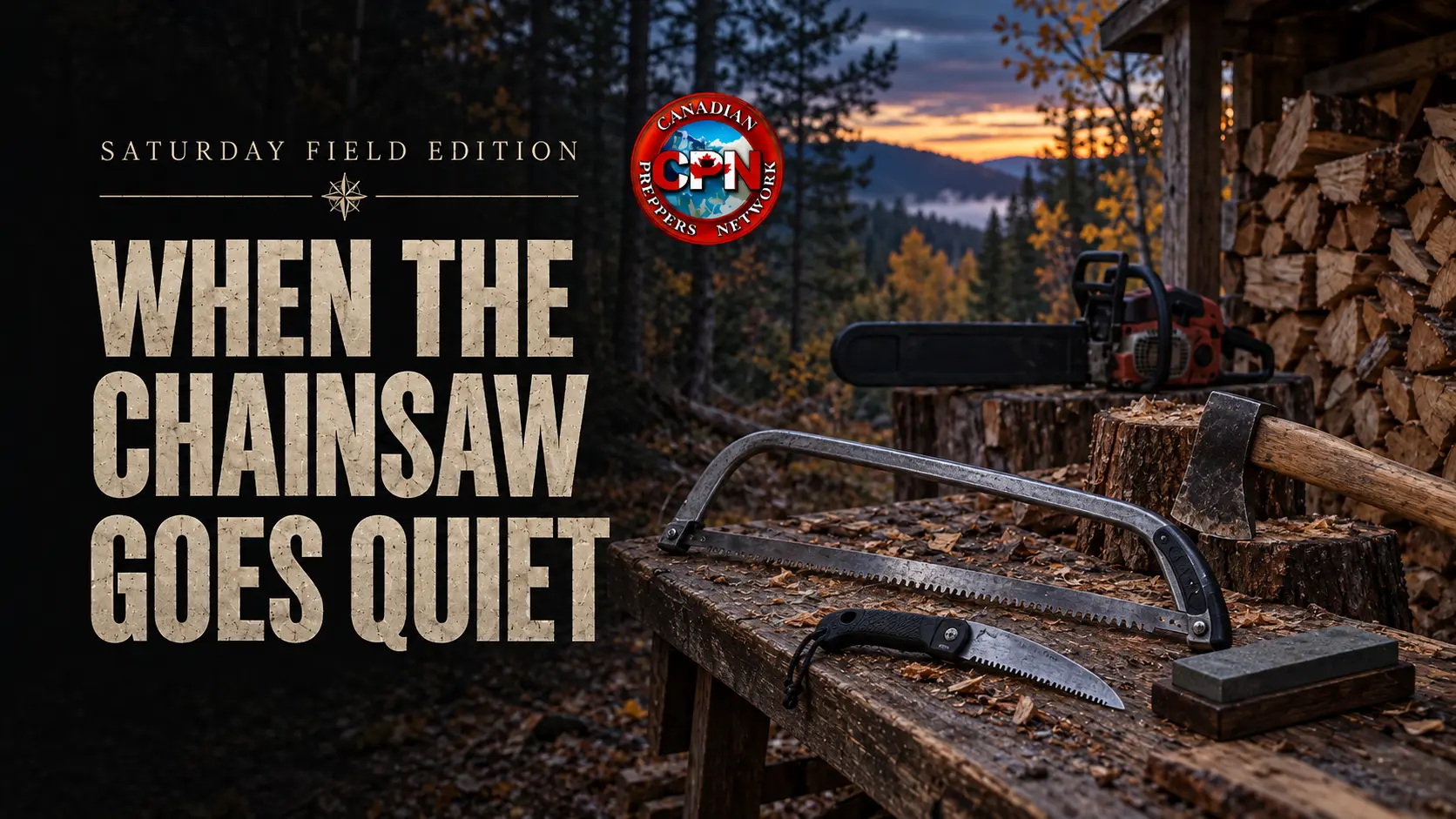 Bow saw, folding saw, axe and sharpening stone beside stacked firewood, with a parked chainsaw and the title When the Chainsaw Goes Quiet.