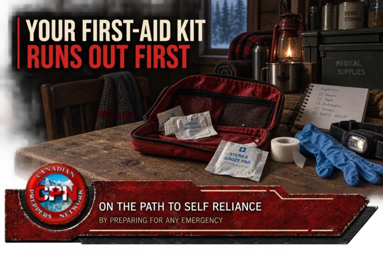 Nearly empty first-aid kit with gauze, medical tape, gloves and a supply checklist on a rustic table during a power outage.