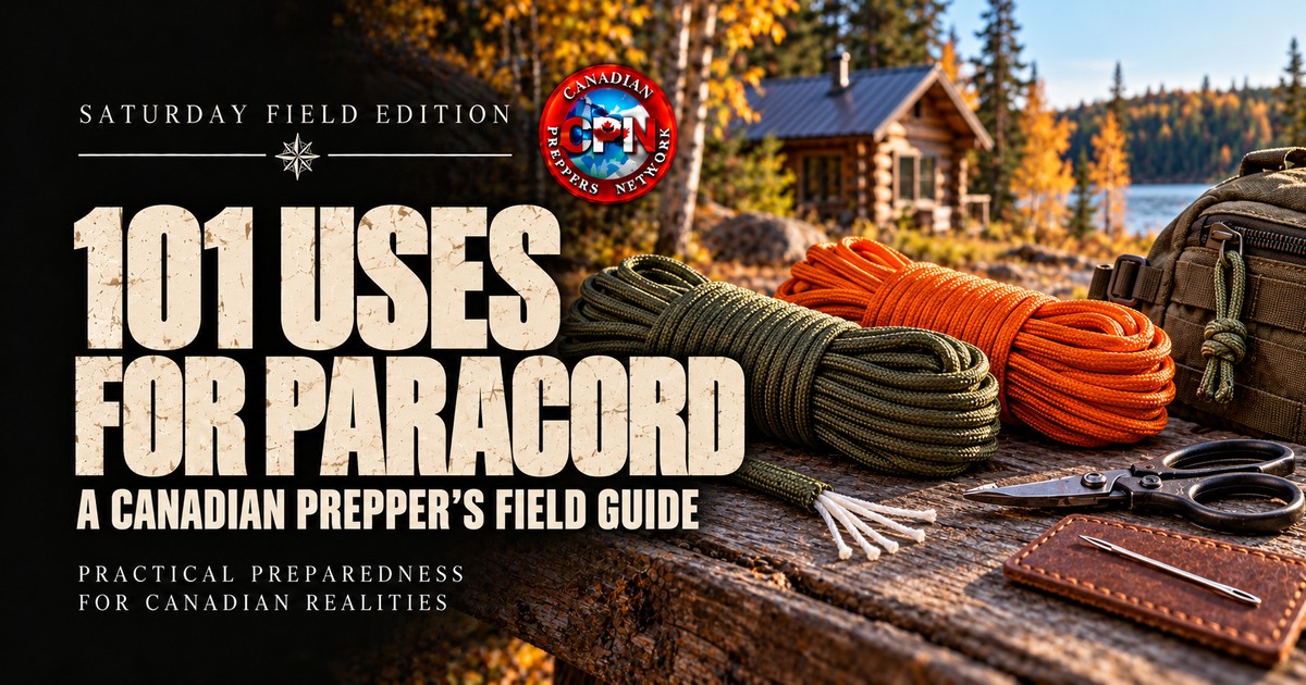 101 uses for paracord: olive-green and orange cord, repair scissors and a canvas pack on a workbench outside a Canadian woodland cabin.