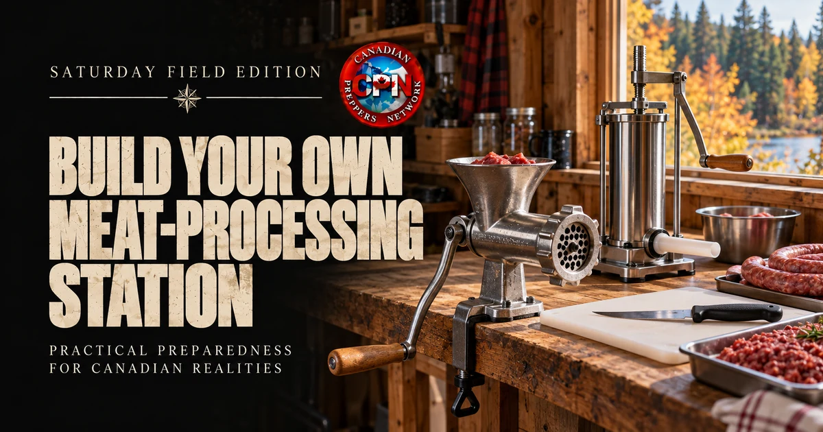 Home meat-processing station with a hand-crank grinder, manual sausage stuffer, boning knife and prepared meat cuts.