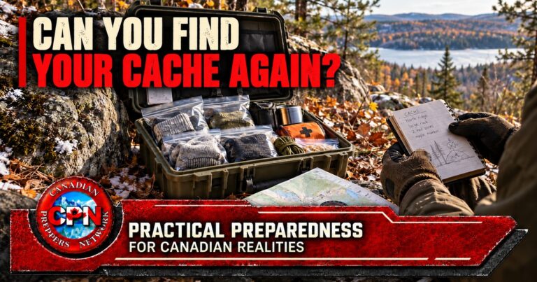 Open wilderness supply cache with protected clothing, a map and compass in a Canadian autumn forest.
