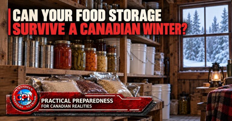 Canned foods, preserved vegetables, dry staples and food-grade buckets in a Canadian cabin pantry during winter.