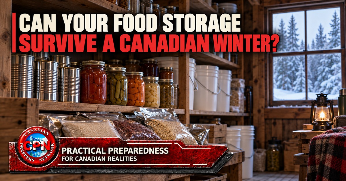 Canned foods, preserved vegetables, dry staples and food-grade buckets in a Canadian cabin pantry during winter.