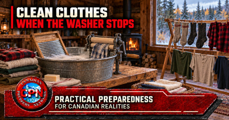 Off-grid laundry setup with a wash tub, washboard, hand wringer and clothes drying in a Canadian cabin.