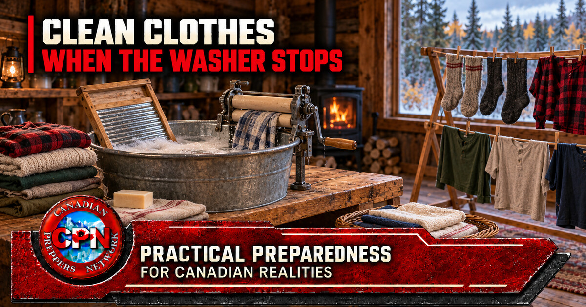 Off-grid laundry setup with a wash tub, washboard, hand wringer and clothes drying in a Canadian cabin.
