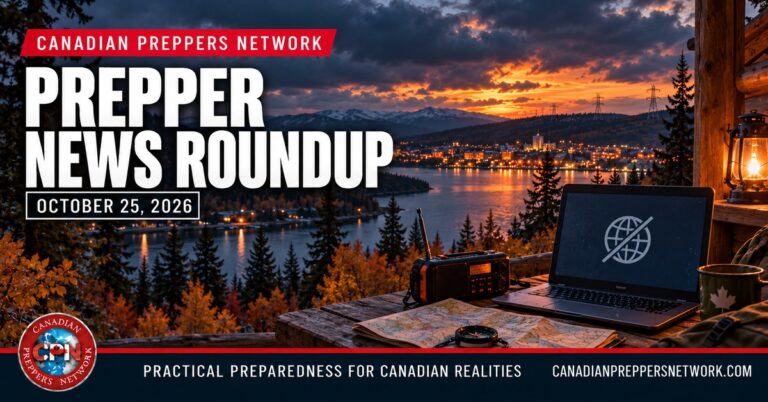 Prepper News Roundup – October 25, 2026: laptop with an offline symbol, emergency radio and map overlooking a Canadian autumn lake.