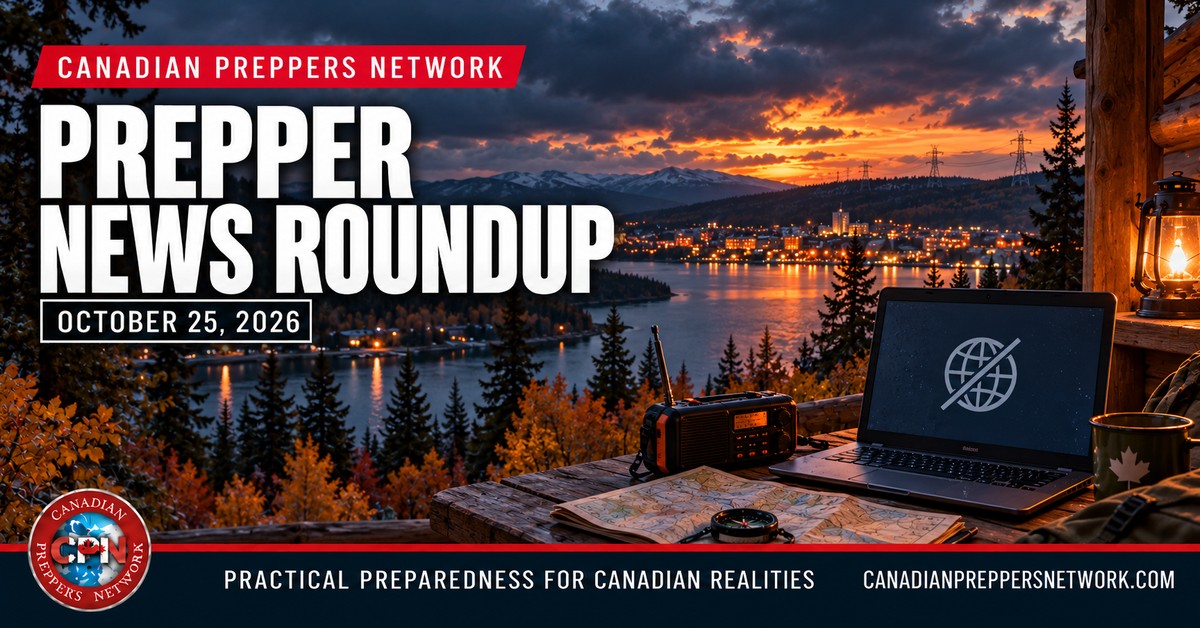 Prepper News Roundup – October 25, 2026: laptop with an offline symbol, emergency radio and map overlooking a Canadian autumn lake.