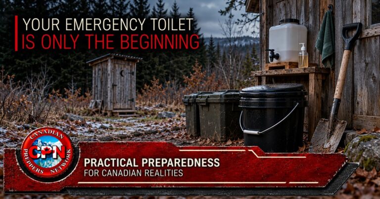 Emergency toilet, sealed waste containers, handwashing station and shovel outside a Canadian woodland cabin.