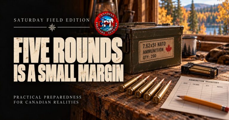 Ammunition supply planning with five rifle cartridges, a storage box and an inventory sheet in a Canadian cabin.