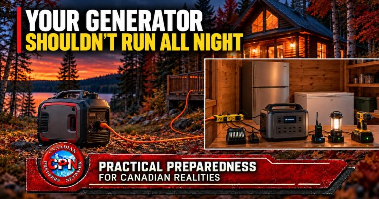 Running a generator in shifts to power refrigeration and charge backup batteries at an autumn cabin