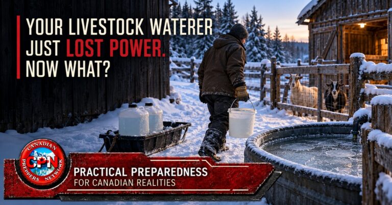 Caregiver hauling water past a frozen livestock waterer to goats on a snowy Canadian homestead.