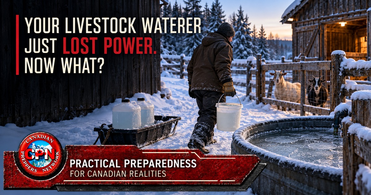 Caregiver hauling water past a frozen livestock waterer to goats on a snowy Canadian homestead.