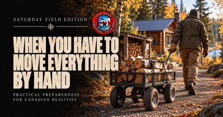 Manual hauling with a firewood-loaded utility cart on a gravel path beside a Canadian cabin in autumn.