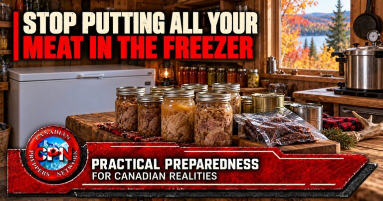 Meat preservation supplies in a Canadian cabin, with canned meat, jerky, a chest freezer and a pressure canner.