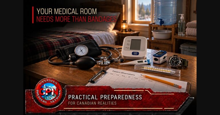 Home medical room with manual and digital blood-pressure monitors, thermometers, a pulse oximeter, paper records and handwashing supplies.