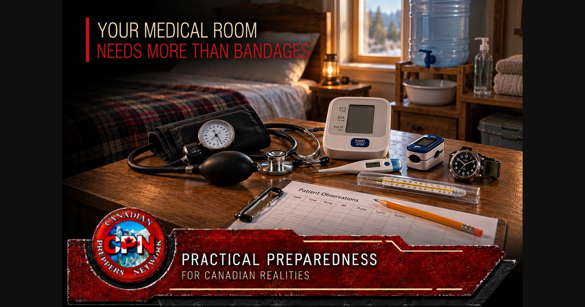 Home medical room with manual and digital blood-pressure monitors, thermometers, a pulse oximeter, paper records and handwashing supplies.