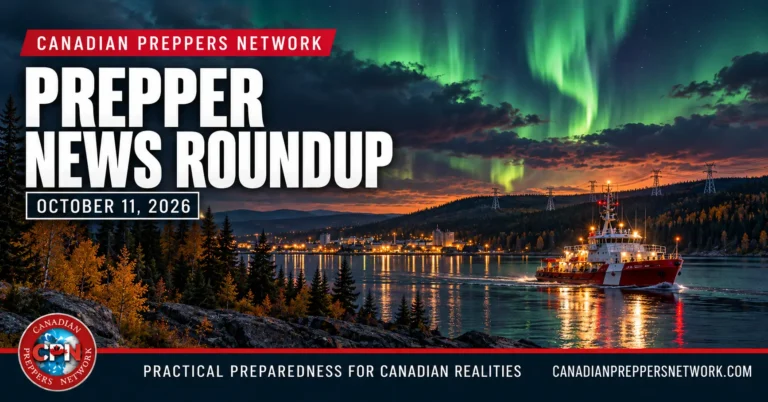 Canadian autumn lake with a response vessel, power lines and northern lights beneath the October 11, 2026 Prepper News Roundup headline.