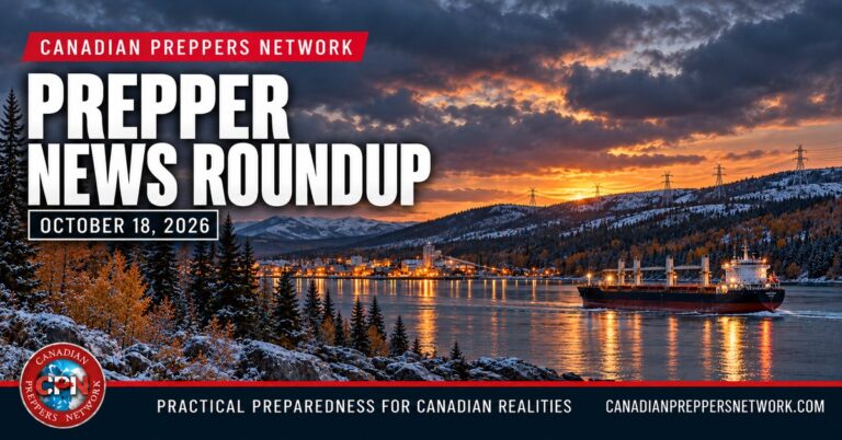 Prepper News Roundup – October 18, 2026: frosty Canadian harbour, cargo ship and power lines with CPN branding.