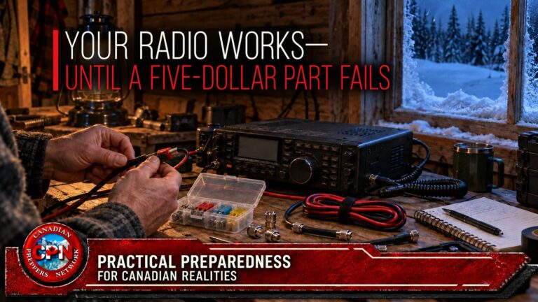 Radio repair kit with spare fuses, coax, a multimeter and power leads beside a two-way radio