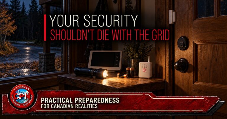Grid-down home security equipment: battery alarm, flashlight and spare batteries beside a secured cabin door during a blackout.