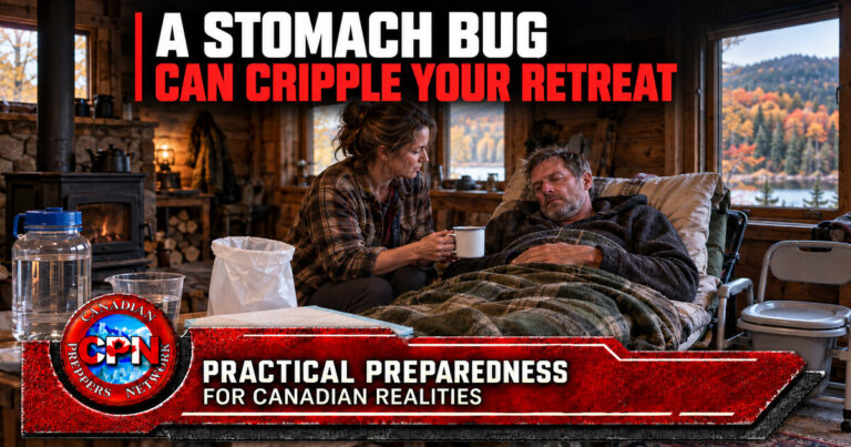 Caregiver helping an adult with a stomach bug in a Canadian off-grid cabin, with hydration and sick-room supplies nearby.