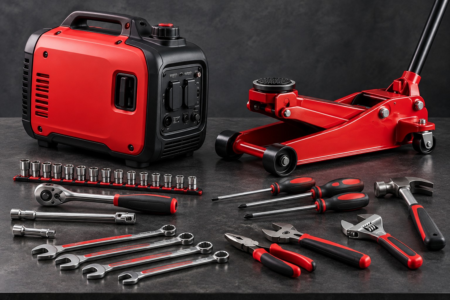 Illustrative workshop equipment: portable power, floor jack and hand tools