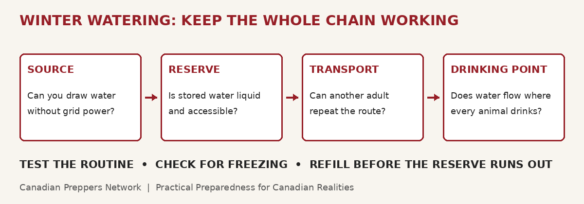 Livestock waterer backup chain: source, liquid reserve, transport and a working drinking point