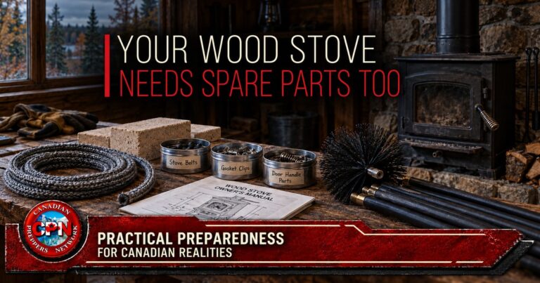 Wood stove spare parts, firebricks, door gasket and chimney sweeping brush beside a cold stove in a Canadian cabin.