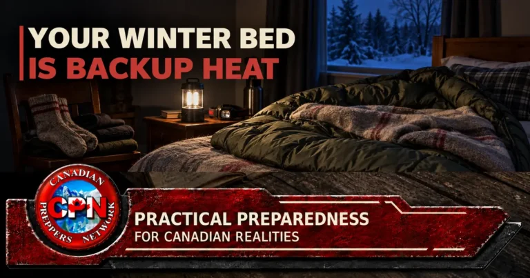 Winter sleeping bag and wool blankets on a bed beside emergency lighting during a Canadian power outage.